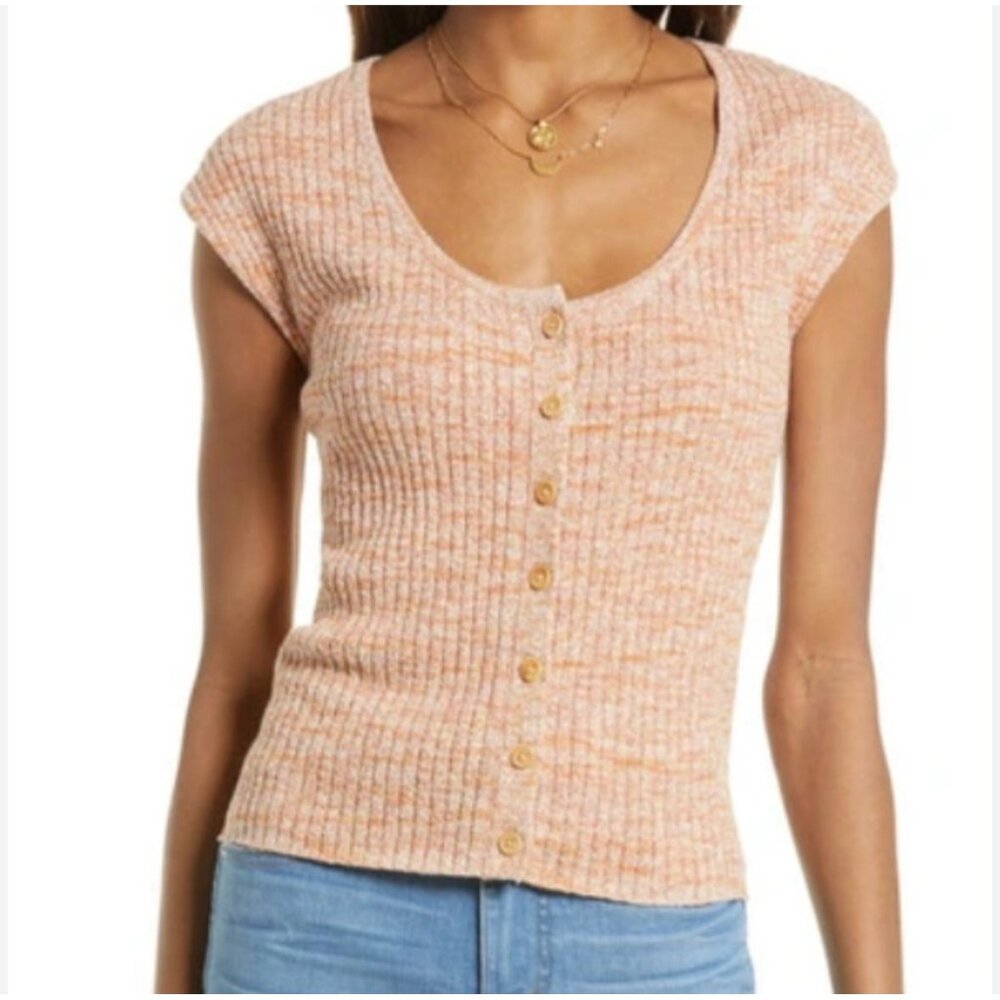 Madewell Rib Knit Blouse Scoop Neck Front Buttons Closure Cap Sleeves Stretchy C